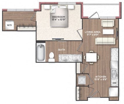 Floor plan for 1 bed, 1 bath, 658 sqft